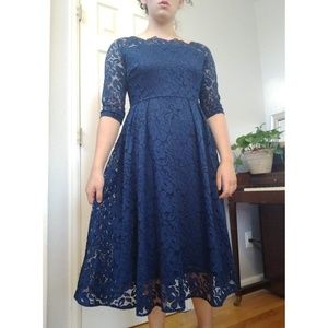 3/4 Sleeve Blue Boat Neck Fit and Flare Lace Dress